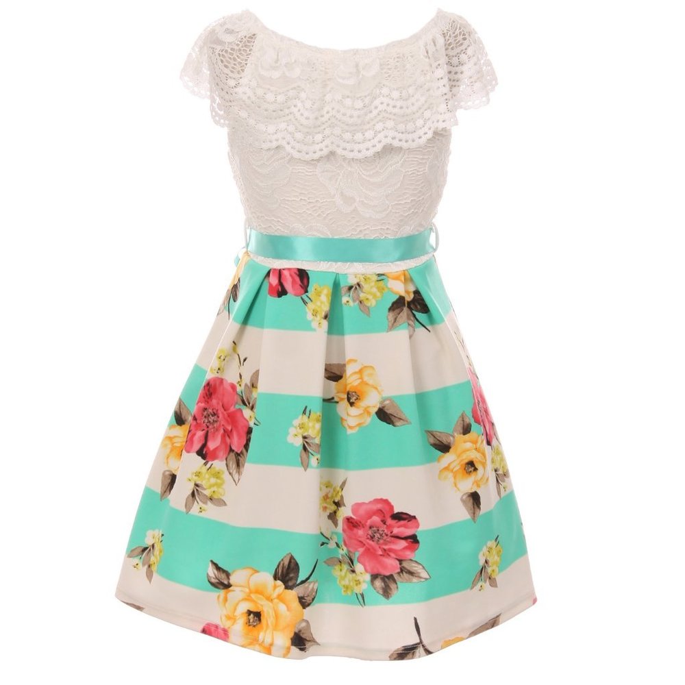 Cold Shoulder Floral Stripe Holiday Party Easter Graduation Flower Girl Dress